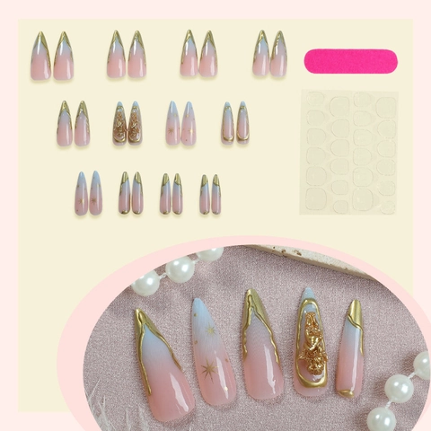 Unghie Finte 3D Lunghe Forma Mandorla Rilievo Angelo Dorato Sfumato Rosa Blu Motivo Stella Manicure Fai Da Te Riutilizzabile Donne