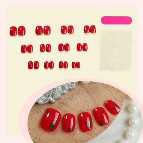 Uñas Postizas A Presión Color Rojo Tomate Con Patrón De Estrella Verde Cortas Ovaladas Brillantes De Plástico ABS