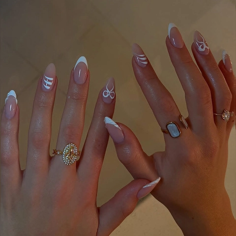 Französische Spitze Mandel Künstliche Nägel Mit 3D Schleife Elegante Nude Rosa Drucknägel Für Frauen DIY Maniküre Harz