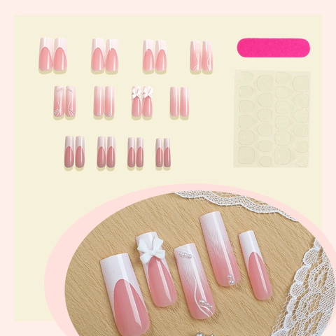 Press On Nails Long Square Pink White Gradient French Style With 3D Bow Knot Artificial Pearls Artificial Finger Nails For Women