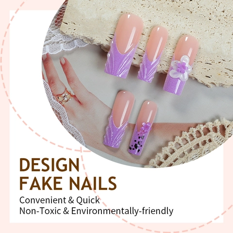 3D Bloem Press On Nails Lange Coffin Vorm Paars Luipaardprint Golftextuur Plastic Kunstnagels Met Plakstrips