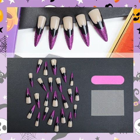 Unghie Finte Halloween Long Stiletto Glitter Viola Pipistrello Nero French Cat Eye Gothic Con Lima Per Unghie E Linguette Adesive