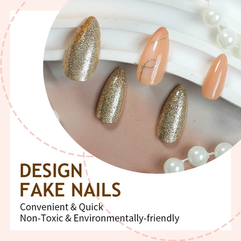 Faux Ongles Press On Amande Rose Nude Français Paillettes Dorées Lignes Courbes Ongles Brillants Manucure Pour Femmes