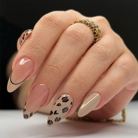 French Leopard Print Press On Nails Almond Fake Nails Nude Pink Black Edge Artificial Finger Nails For Women