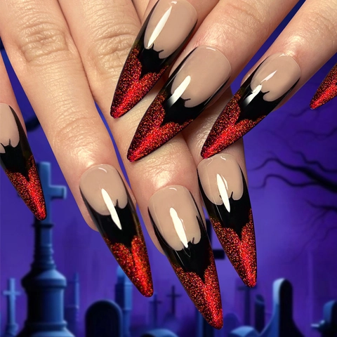 Uñas Postizas Halloween Largas Stiletto Patrón Murciélago Purpurina Roja Brillante Gótica Para Mujeres