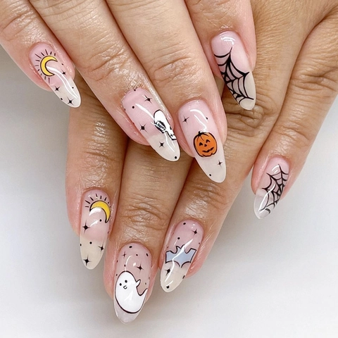 Halloween Press On Nägel Lang Mandel Stiletto Kürbis Geist Spinne Muster Künstliche Falsche Nägel Damen Festlich