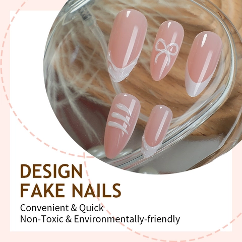 Französische Spitze Mandel Künstliche Nägel Mit 3D Schleife Elegante Nude Rosa Drucknägel Für Frauen DIY Maniküre Harz