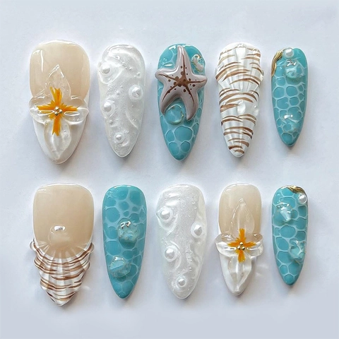 Press On Nagels 3D Oceaan Thema Kunstparel Schelp Zeester Amandelvorm Hars Kunstmatige Valse Nagels Zomer Strand Stijl Vrouwen