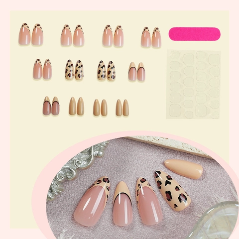 French Leopard Print Press On Nails Almond Fake Nails Nude Pink Black Edge Artificial Finger Nails For Women