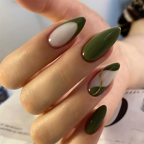 Unghie Finte A Mandorla Lunghe Lucide Verde Scuro Bianco Minimalista Righe Unghie Artificiali Per Donne Manicure Fai Da Te