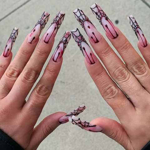 Halloween Lange Sargform Press On Nails Matt Spinnennetz Blutstropfen Design DIY Maniküre Mit Klebelaschen Und Feile