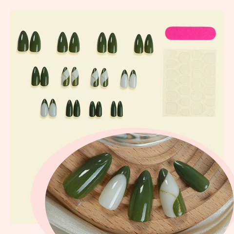 Unghie Finte A Mandorla Lunghe Lucide Verde Scuro Bianco Minimalista Righe Unghie Artificiali Per Donne Manicure Fai Da Te