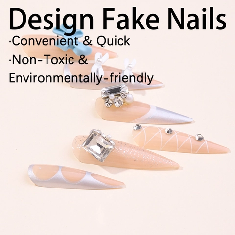 Stiletto Press On Nails White French Edge Glossy 3D Bow Decor Rhinestone Glitter Elegant Artificial Nails For Women