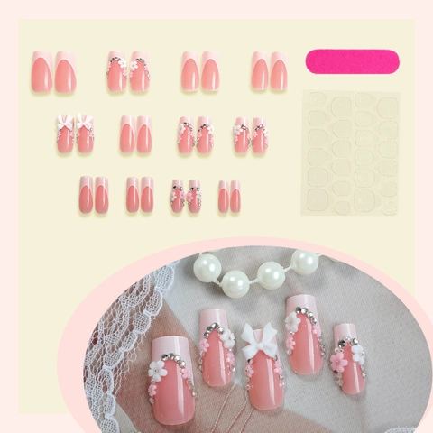 Press On Nails Long Coffin French Style With 3D Bow Rhinestone Artificial Pearl Flower Decor Glitter Elegant For Women