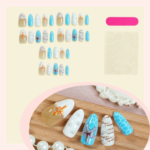 Press On Nagels 3D Oceaan Thema Kunstparel Schelp Zeester Amandelvorm Hars Kunstmatige Valse Nagels Zomer Strand Stijl Vrouwen