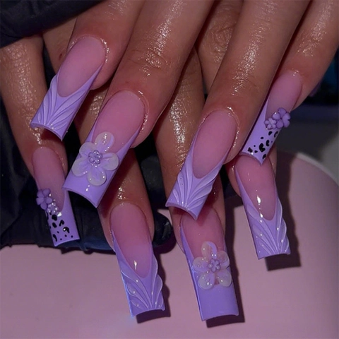 3D Bloem Press On Nails Lange Coffin Vorm Paars Luipaardprint Golftextuur Plastic Kunstnagels Met Plakstrips