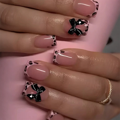 Uñas Postizas Leopard French Tip Press On Rosado Cuadrado Con Decoración De Lazo 3D Plástico ABS Uñas Artificiales