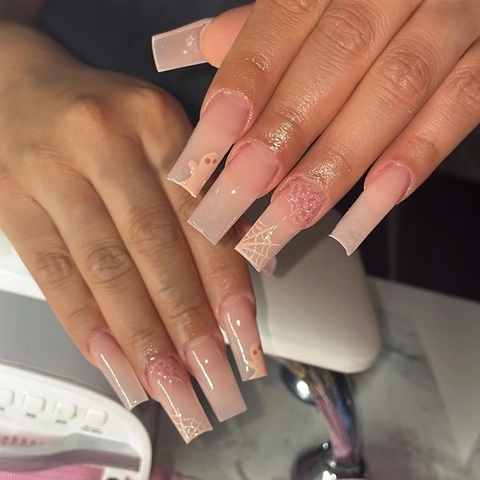 Halloween Uñas Postizas Forma Ataúd Larga Patrón Fantasma Telaraña Resina Rosa Con Pestañas Adhesivas Lima De Uñas