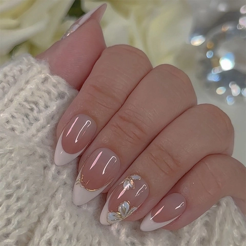 Almond Shape Press On Nails French White Tip 3D Relief Flower Gold Outline Nude Pink Elegant Glossy False Nails For Women