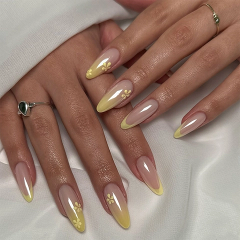 Lange Mandel Drucknägel Gelbe Französische Verlauf Blühendes Design Süße Ins Stil Künstliche Fingernägel Damen