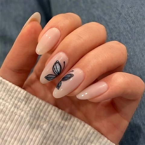 Press On Nägel Lang Mandel Schmetterling Muster Glänzend Nude Pink Maniküre Tipps Für Damen Schicker Handschmuck