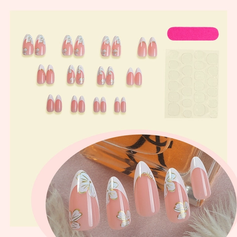 Almond Shape Press On Nails French White Tip 3D Relief Flower Gold Outline Nude Pink Elegant Glossy False Nails For Women
