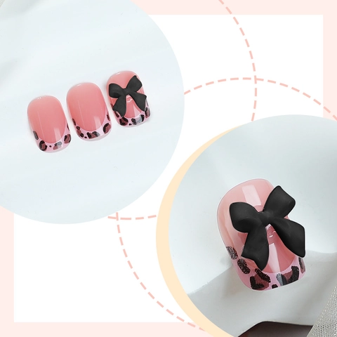 Uñas Postizas Leopard French Tip Press On Rosado Cuadrado Con Decoración De Lazo 3D Plástico ABS Uñas Artificiales