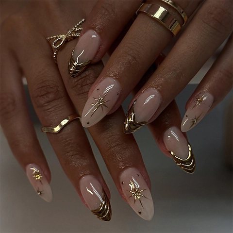 Press On Nails Amandel Goud Verguld Frans Kattenoog Effect Steentjes Valse Nagels Voor Dames Met Plakstrips En Vijl