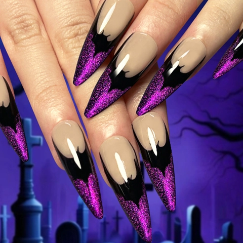 Unghie Finte Halloween Long Stiletto Glitter Viola Pipistrello Nero French Cat Eye Gothic Con Lima Per Unghie E Linguette Adesive