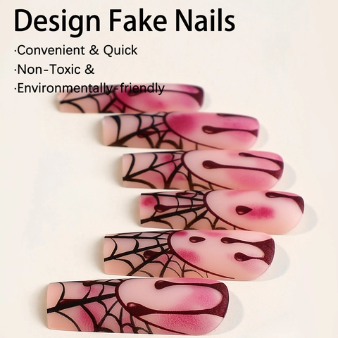 Halloween Lange Sargform Press On Nails Matt Spinnennetz Blutstropfen Design DIY Maniküre Mit Klebelaschen Und Feile