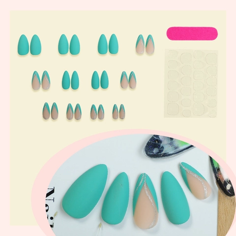 Unghie Finte A Mandorla Verde Menta Opaco French Tip Linee Glitter Argento Unghie Finte Eleganti Per Donna