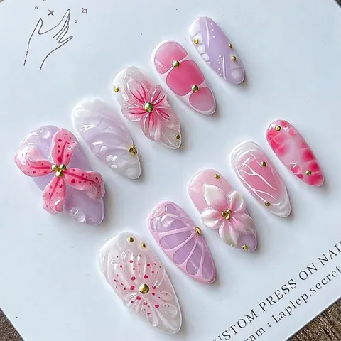Handgemachte 3D Harz Künstliche Nägel Blumendruck Verlauf Pink Violett Frischer Stil Dekorative Nagelpatches Für Damen Alltag Party