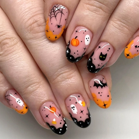 Uñas Postizas De Halloween Brillantes Con Pedrería Ovaladas Diseño De Fantasma Calabaza Telaraña Para Mujeres