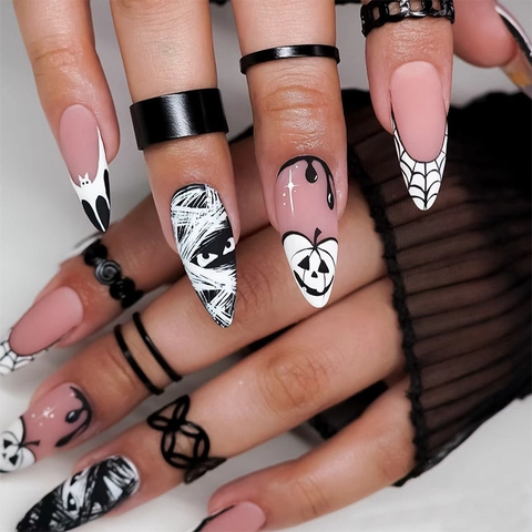 Faux Ongles Halloween Longs Stiletto Rose Mat Motif Citrouille Chauve Souris Toile Araignée Amovibles Pour Femmes Art DIY