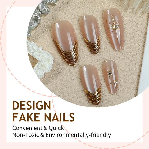 Faux Ongles Amande Doré À L'or Style Français Effet Oeil De Chat Strass Pour Femmes Avec Onglets Adhésifs Et Lime
