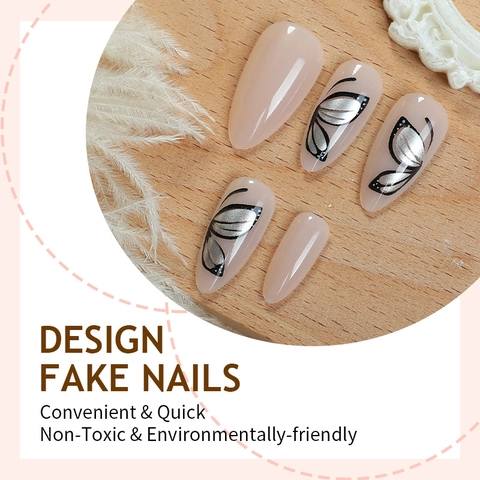 Press On Nägel Lang Mandel Schmetterling Muster Glänzend Nude Pink Maniküre Tipps Für Damen Schicker Handschmuck