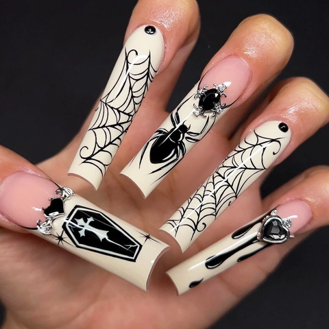 Halloween Sarg Kunstnägel Gotisch Spinnennetz Spinne Sarg Kreuz Strass Lange Falsche Nägel Damen DIY