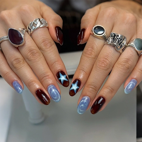 Short Oval Press On Nails Glossy Cat Eye Effect Star Pattern Artificial Fake Nails For Women Manicure