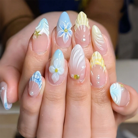 Uñas Postizas A Presión Tema Océano 3D Flor Concha Estrella De Mar Perla Artificial Forma Almendra Hechas A Mano Estilo Playa Verano