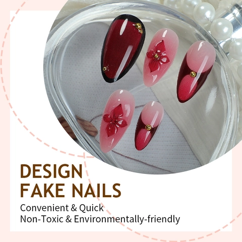 Press On Nägel Lange Mandelform Gradient Burgund Rosa 3D Relief Blume Strass Kreuz Goldperle Glänzend Elegant