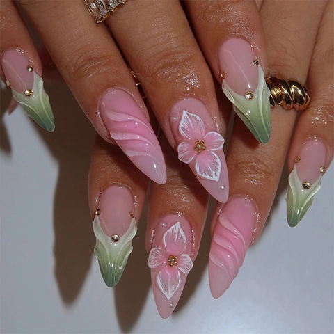 Press On Nails 3D Flower Gradient Pink Blue Stiletto Fake Nails With Rhinestones Artificial Pearls Long French Tip For Women