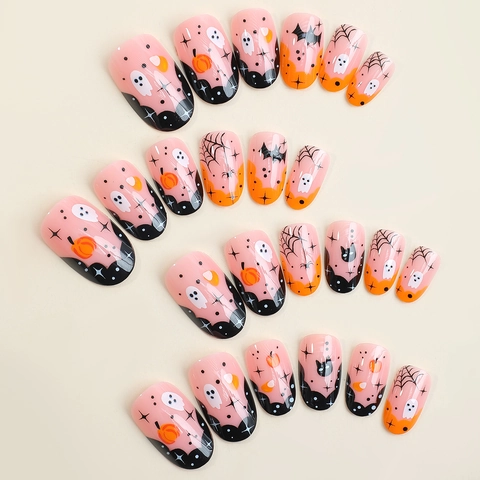 Uñas Postizas De Halloween Brillantes Con Pedrería Ovaladas Diseño De Fantasma Calabaza Telaraña Para Mujeres