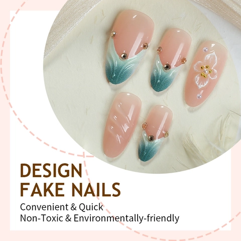 Press On Nails 3D Flower Gradient Pink Blue Stiletto Fake Nails With Rhinestones Artificial Pearls Long French Tip For Women