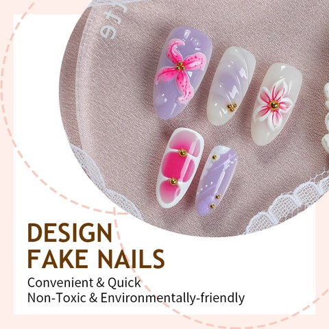 Handgemachte 3D Harz Künstliche Nägel Blumendruck Verlauf Pink Violett Frischer Stil Dekorative Nagelpatches Für Damen Alltag Party