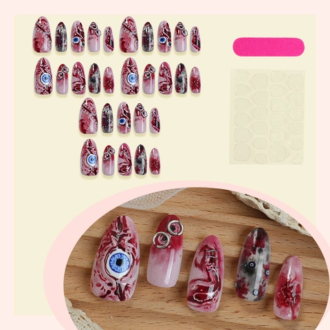 Halloween Press On Nails Almond Long Artificial Nails With 3D Eyeball Splatter Blood Stitches Metal Ring Gothic Style