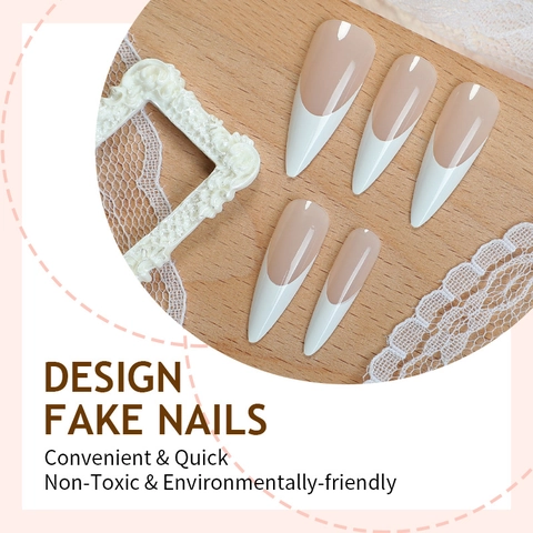 Uñas Postizas Francesas Largas Stiletto Brillantes Nude Blanco Uñas Postizas Para Mujeres Manicura Estilo Salón Elegante Minimalista