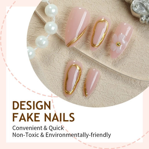Almond Press On Nails 3D Flower Gilt Borders Glossy French Style Nude Pink Nontoxic DIY Manicure Elegant False Nails