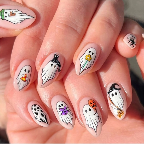 Halloween Fantasma Unghie Finte Forma Mandorla Cartone Animato Zucca Gatto Nero Rosa Nude Carine ABS Unghie Artificiali