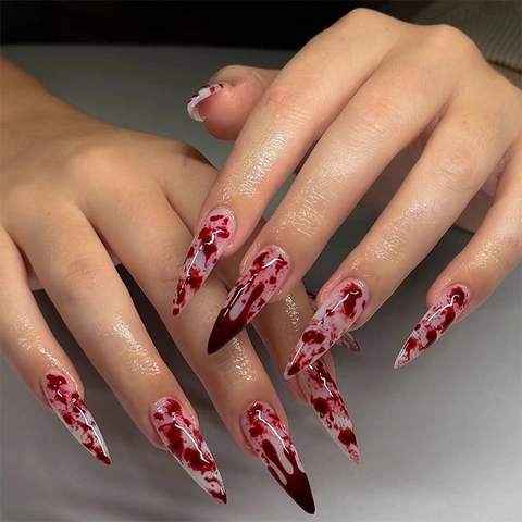 Halloween Stiletto Aufklebe Nägel Lang Spitz Blut Spritzer Design Horror Thema Künstliche Falsche Nägel Maniküre Zubehör