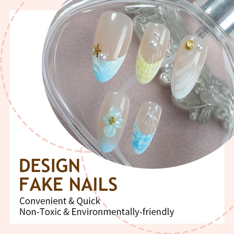 Uñas Postizas A Presión Tema Océano 3D Flor Concha Estrella De Mar Perla Artificial Forma Almendra Hechas A Mano Estilo Playa Verano